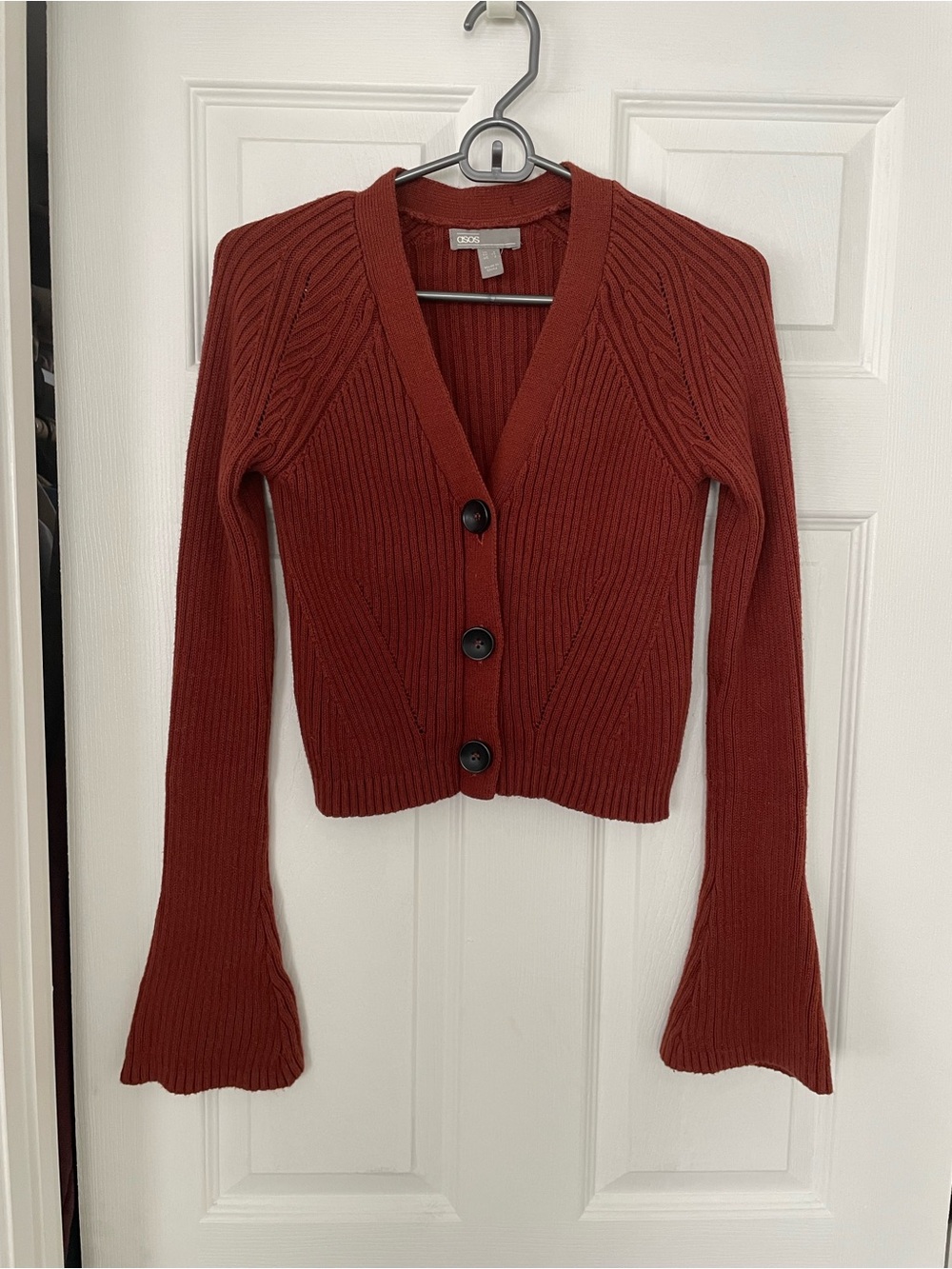 ASOS V-Neck Cardigan with flare out sleeves, rust color, size US 2